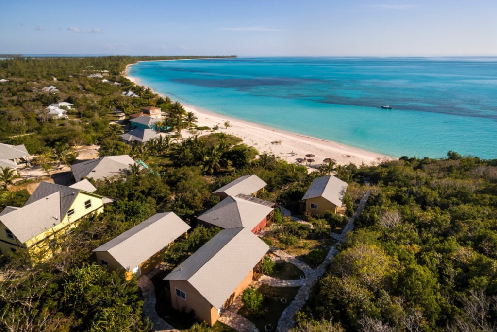Aerial view above the Shannas Cove cottages and beach in Orange Creek, Cat Island, Bahamas