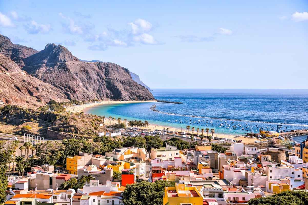 Aerial views of the town of San Andres and the beaches of Playa de las Teresitas on the island of Tenerife in Spain's Canary Islands