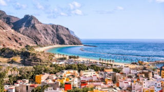 Aerial views of the town of San Andres and the beaches of Playa de las Teresitas on the island of Tenerife in Spain's Canary Islands