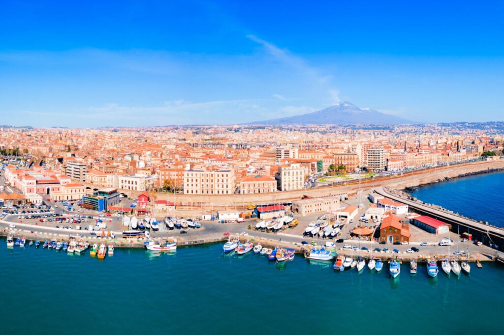 Catatania city port aerial panoramic view. Catania is the second largest city in Sicily, Italy.