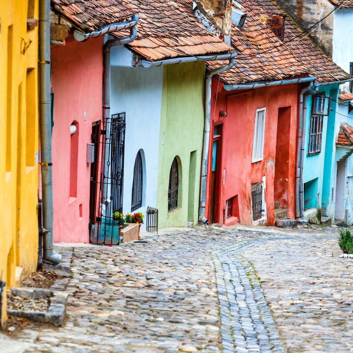 Colorful Townhouses Along A Cobbled Lane In Sighisoara, Romania