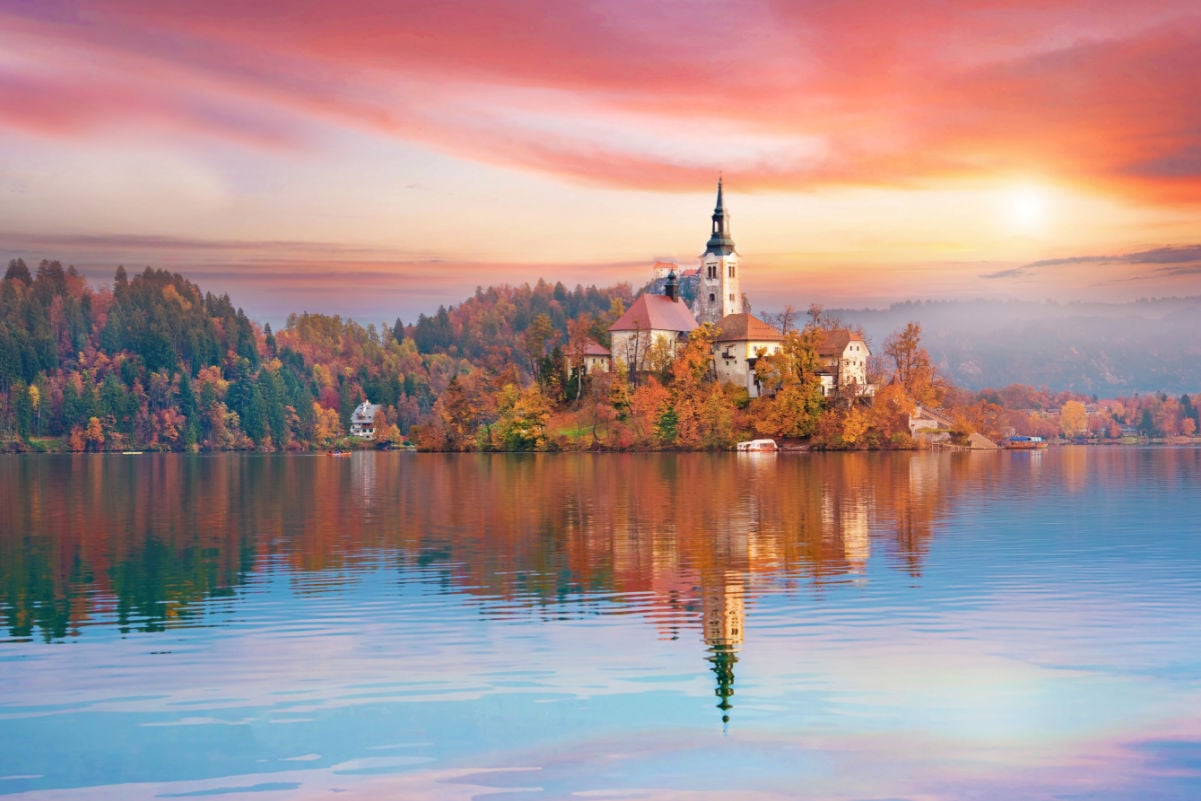 Magical autumn landscape with the island on Lake Bled