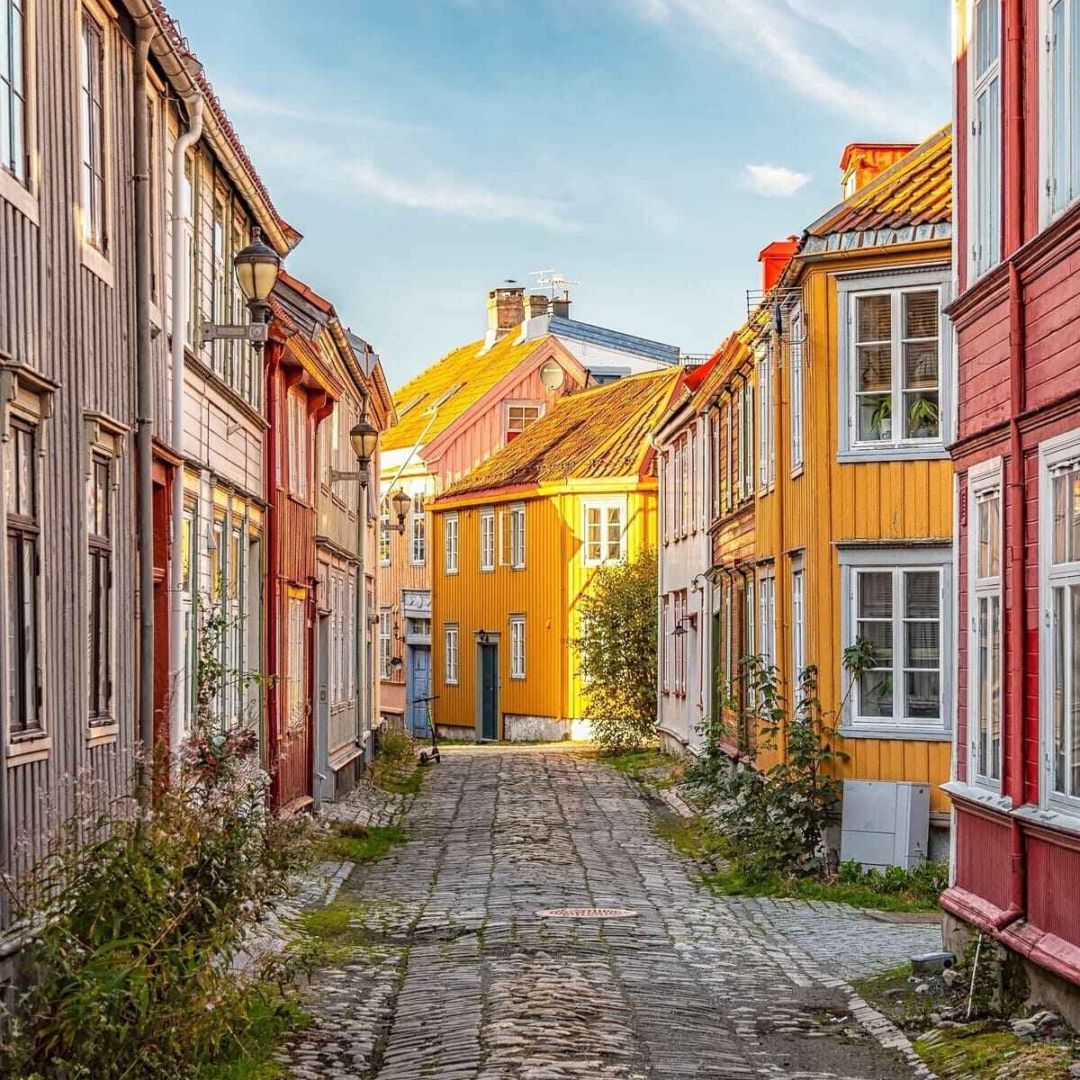 Old Town Street In Bakklandet, A Historic District In Trondheim, Norway