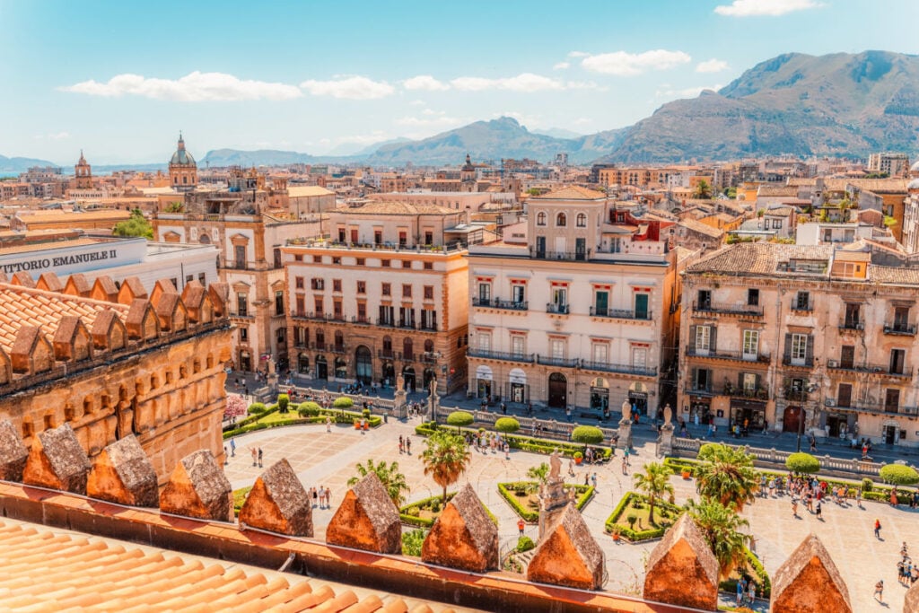 Palermo Cathedral Tower , Sicily, Italy. View from the roof of the cathedral on the city and surrounding buildings in Palermo
