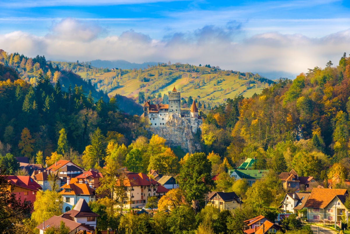 Panoramic view over Dracula medieval Castle Bran in autumn season, the most visited tourist attraction of Brasov, Transylvania, Romania