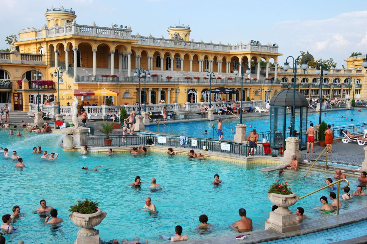 People have a thermal bath in the Szechenyi spa circa September in Budapest. Szechenyi Medicinal Bath is the largest medicinal bath in Europe.