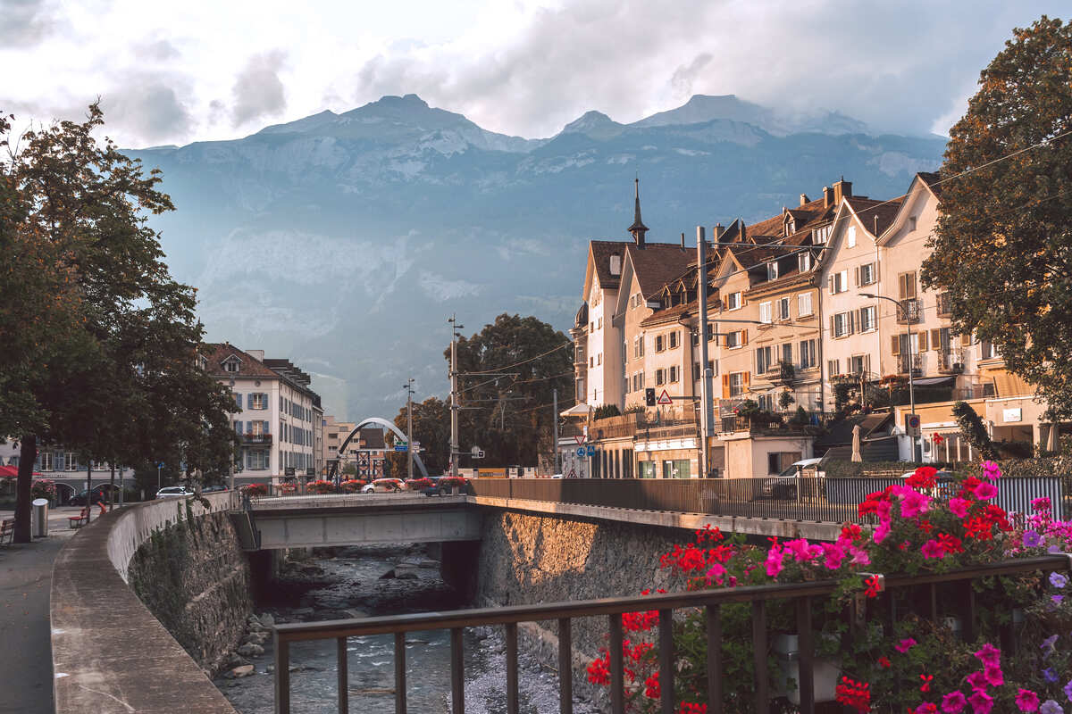 Picturesque River Canal In Chur, Switzerland