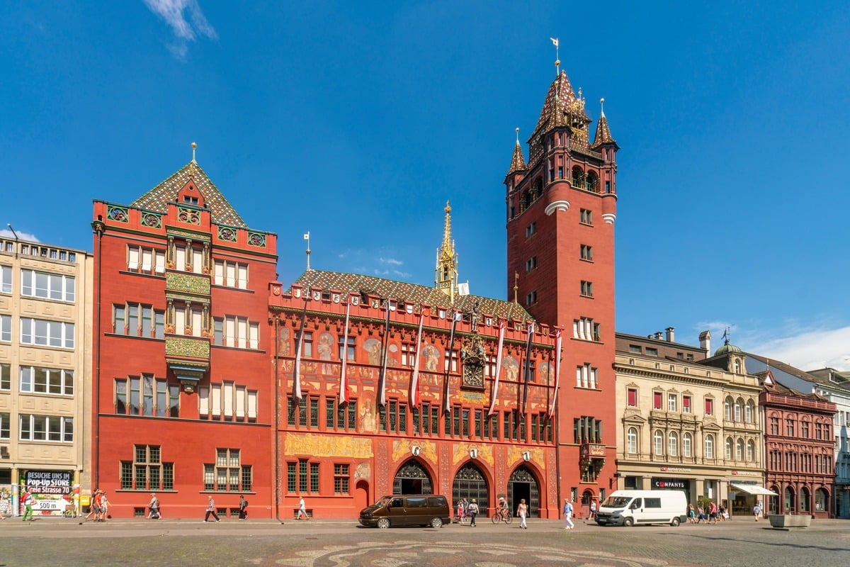 The Famous Red Rathaus, City Hall, In Basel, Switzerland