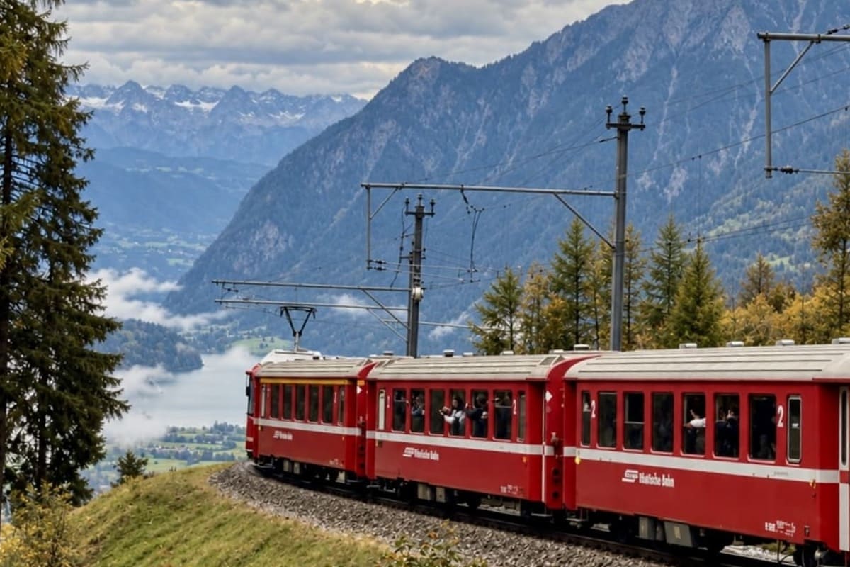 The Red Train Approaching Italy From Switzerland On The Albula, Bernina Express Line