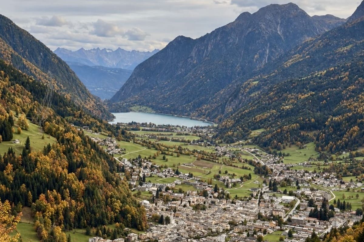 View From The Bernina Express Down Towards The Valtellina Valley In Italy, Lombardy, As The Train Travels Upwards To Switzerland