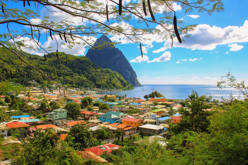 View of the coastal village of Soufrière - a must see destination on the West Coast of St Lucia, Caribbean