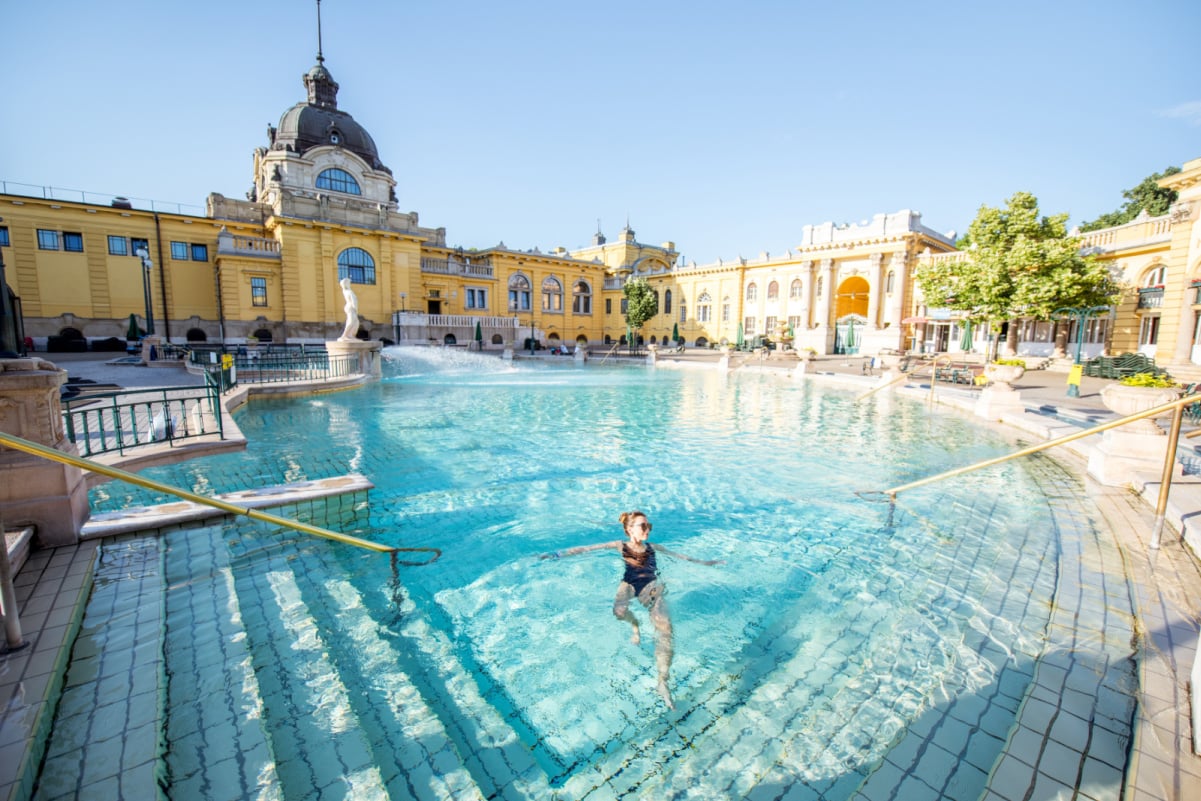 Young woman swimming at the famous Szechenyi thermal bathes. It is one of the biggest natural hot spring spa baths in Europe