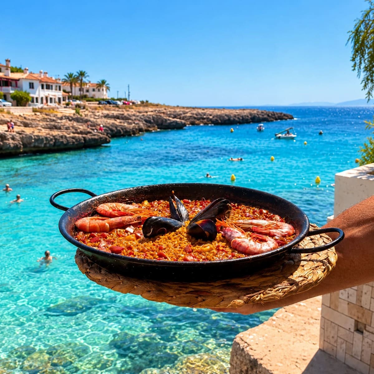 A Dish Of Paella Pictured In Menorca, Mediterranean Sea, Spanish Food In Spain