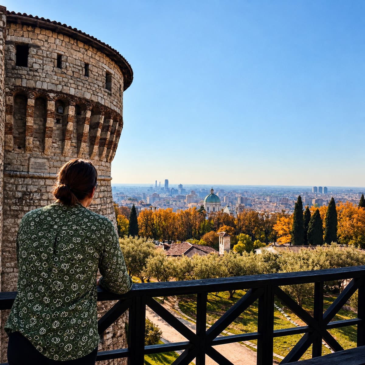 A Male Tourist Admiring A View Of Brescia From Castello, Italy