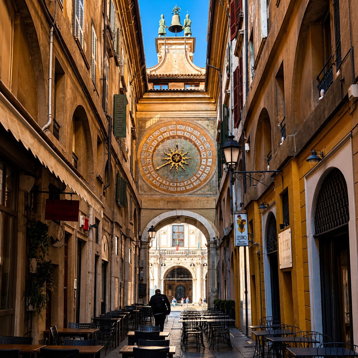 A Medieval Street Topped By An Astronomical Clock In Brescia, Italy