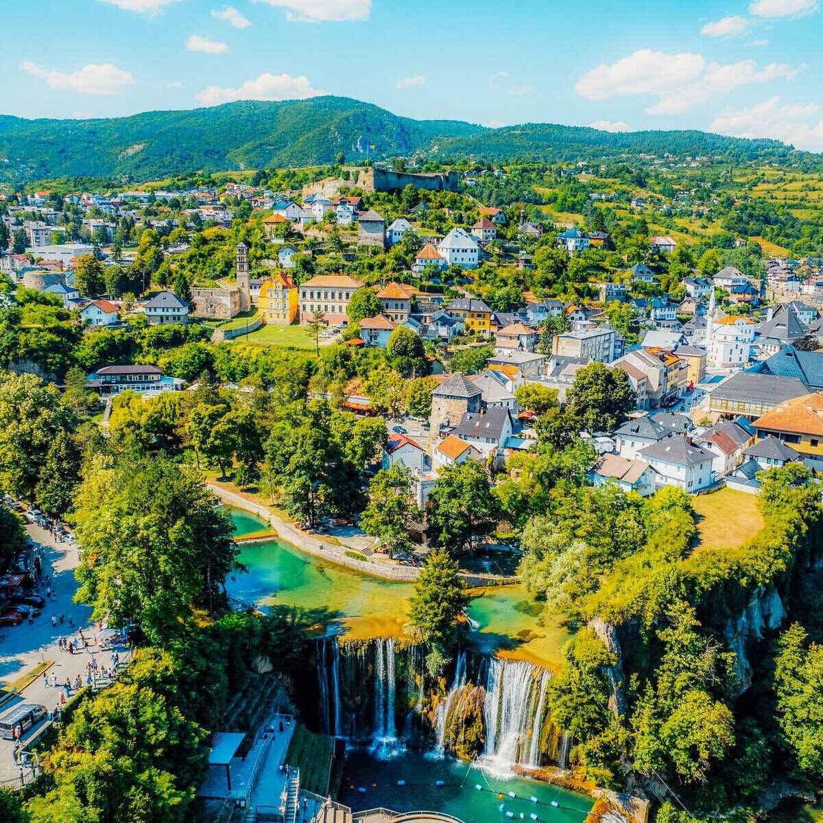 Aerial Panoramic View Of Jajce And The City's Waterfalls In Bosnia and Herzegovina