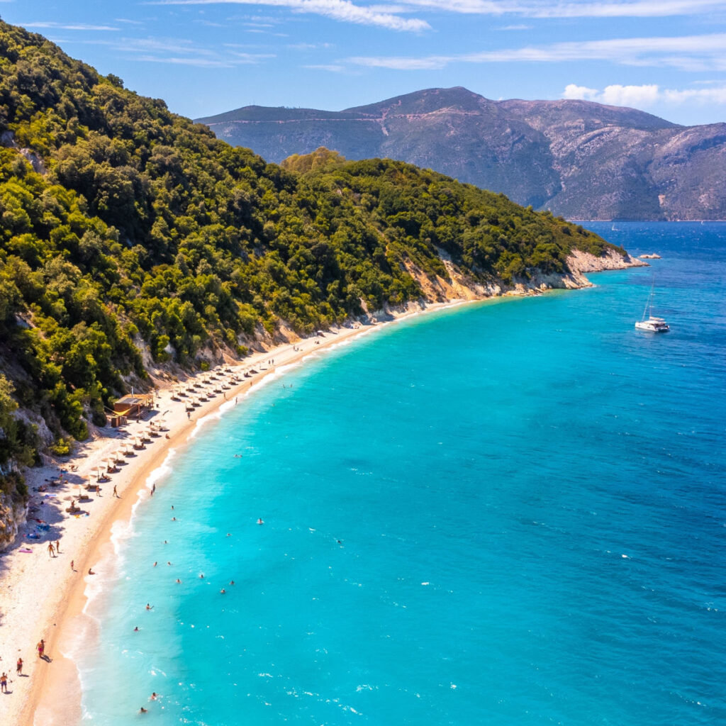 Aerial view of the paradise beach of Gidaki on the island of Ithaki or Ithaca in the Ionian sea in the Mediterranean sea of Greece