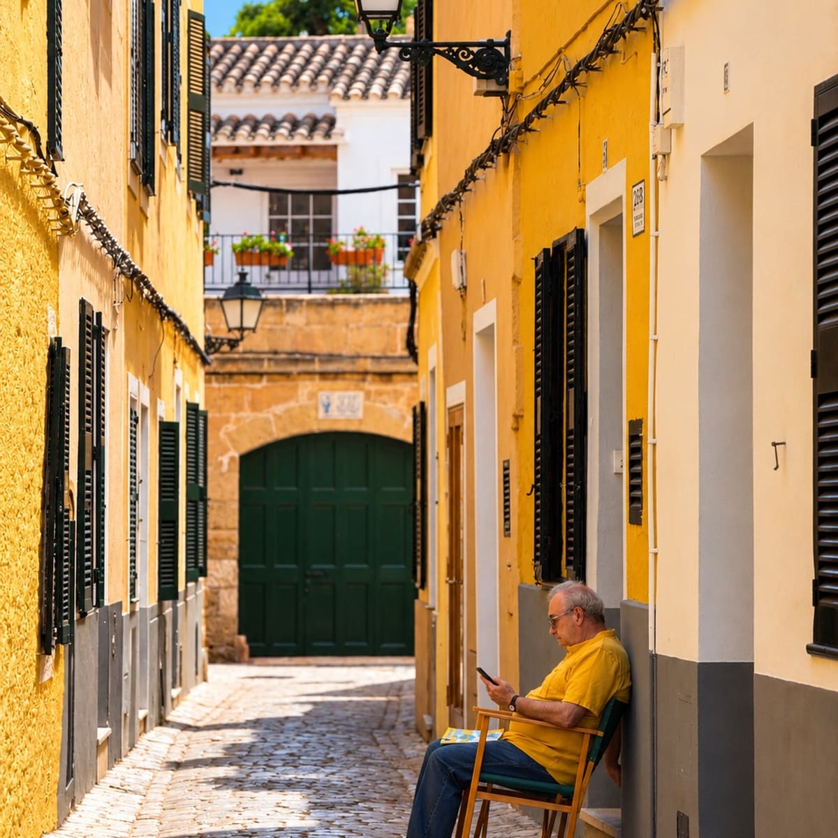 An Elderly Man Sat On His Bench In An Alley In Ciutadella de Menorca, Spain