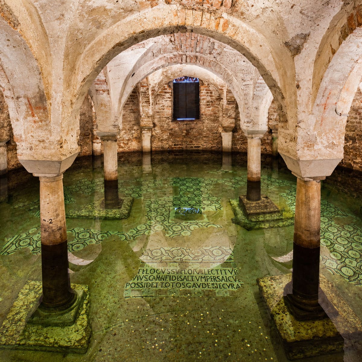 Ancient Crypt With Submerged Mosaics In Basilica di San Francesco, Ravenna, Italy