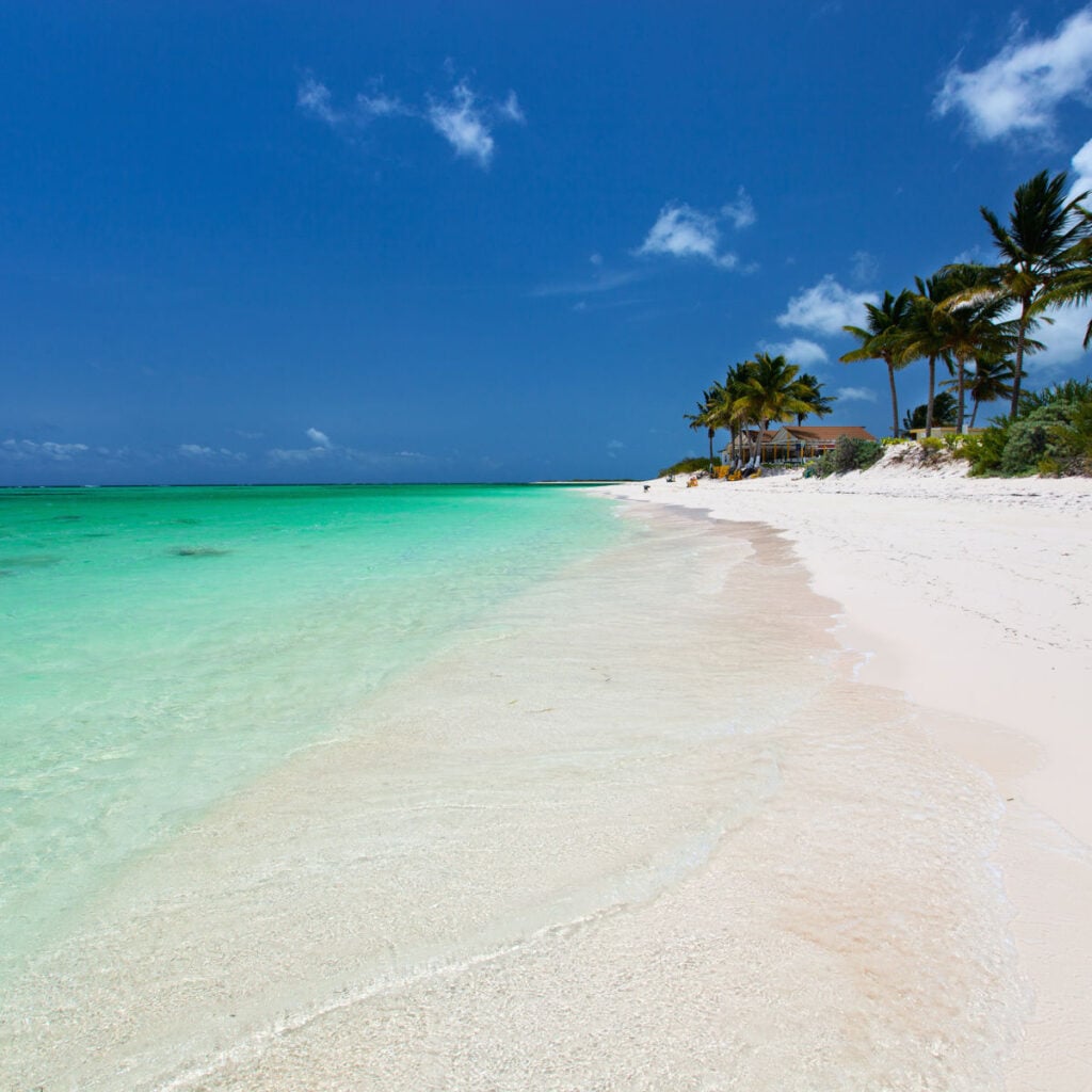 Beautiful tropical beach with palm trees, white sand, turquoise ocean water and blue sky at Anegada, British Virgin Islands in Caribbean