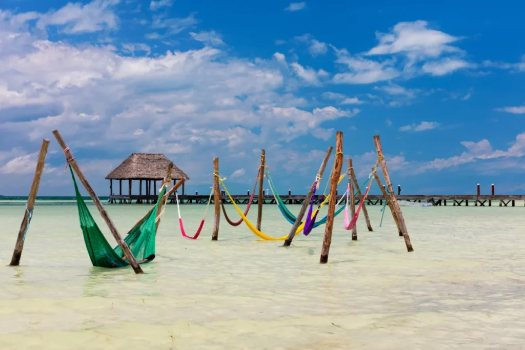 Hammocks-in-the-Water-at-a-Beach-in-Holbox-Mexico