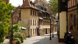 Historic Houses on Narrow Old Town Street in Fürth, Franconia, Bavaria Germany - Medieval European Architecture