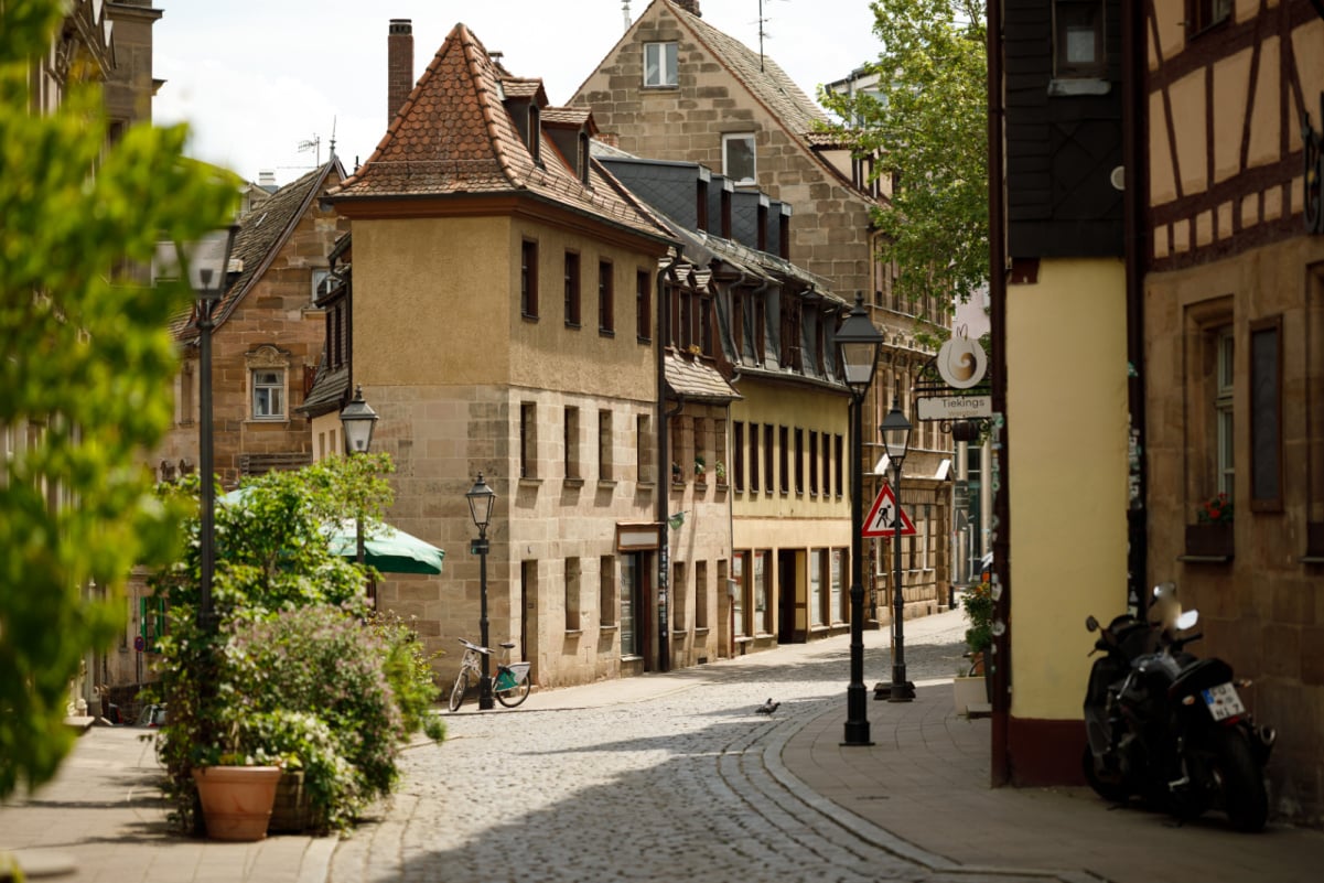 Historic Houses on Narrow Old Town Street in Fürth, Franconia, Bavaria Germany - Medieval European Architecture