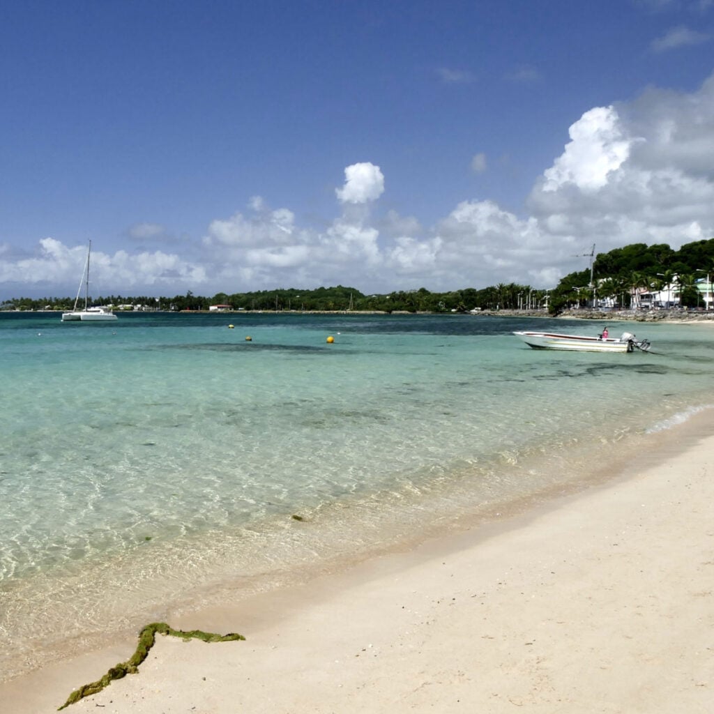 Idyllic beach in Sainte Anne, Guadeloupe. Plage du bourg with sea, sand and sun in Lesser antilles