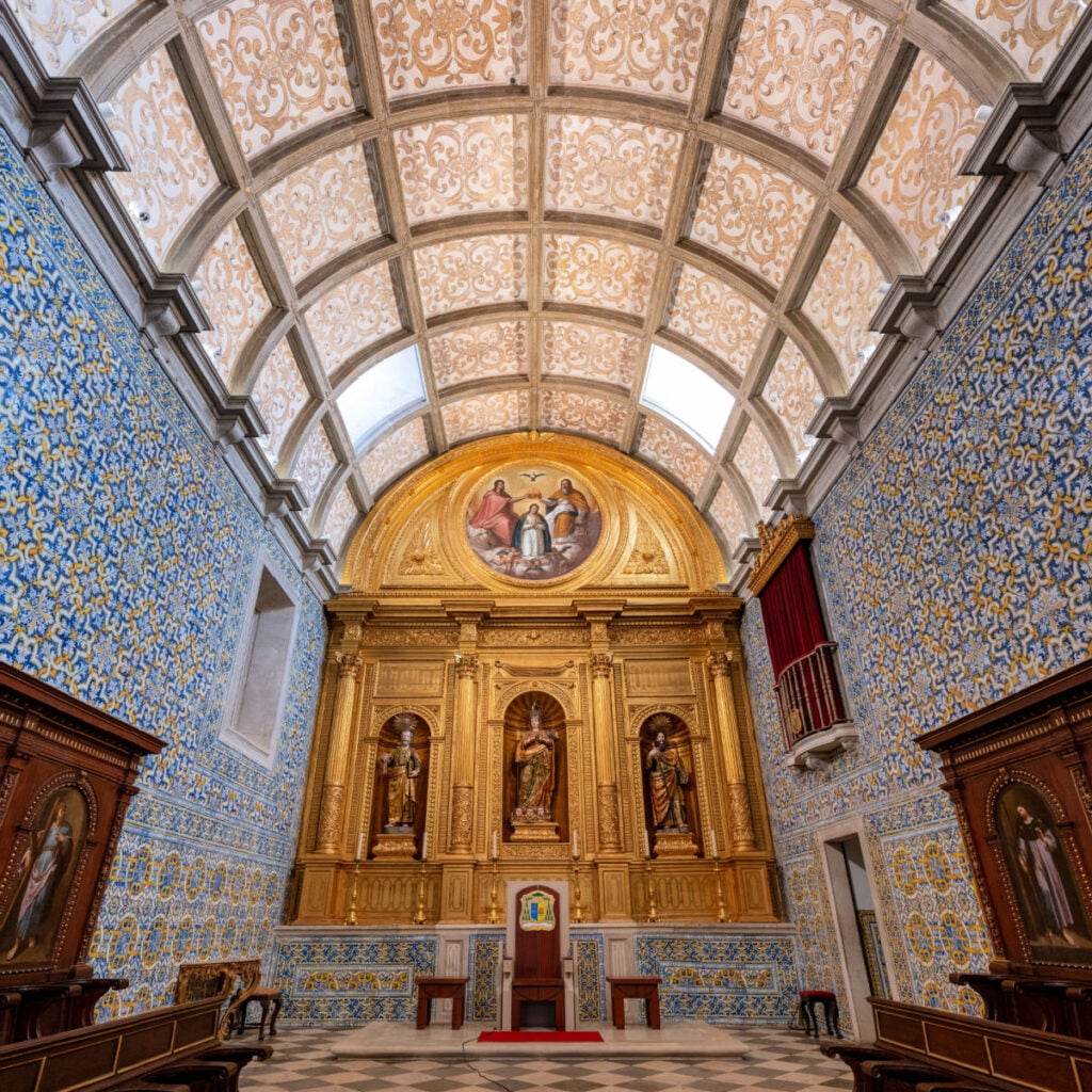 Interior of Faro Cathedral, Se Catedral in Faro, Algarve in Portugal. With walls finely decorated by azulejos tiles.