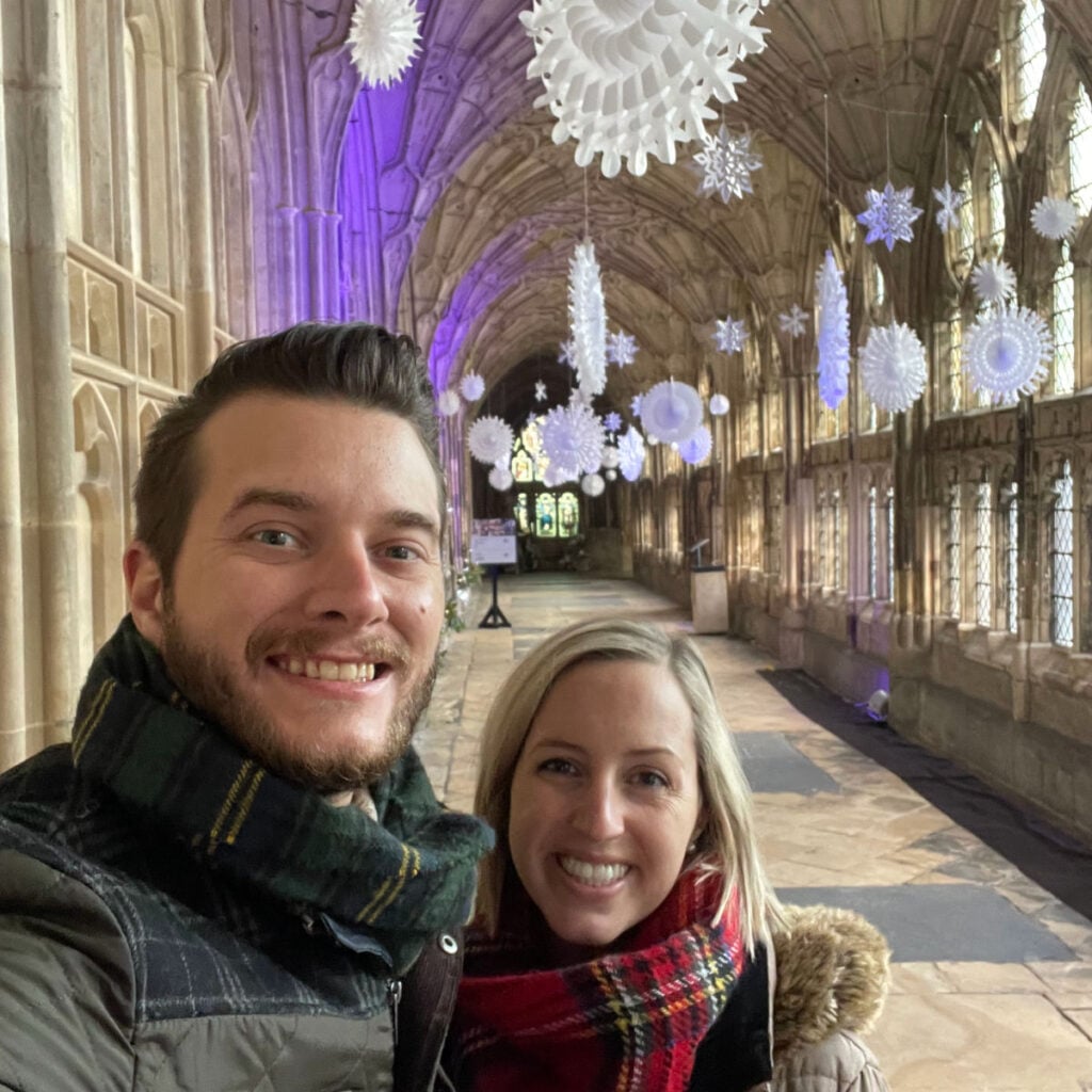 Liz and Tyler Fox in Gloucester Cathedral where they filmed some of the Harry Potter films