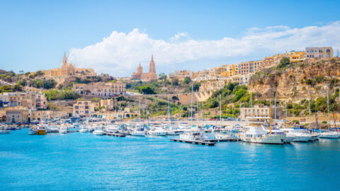 Panoramic Bay View of Mgarr, Town and Harbour where Ferries Dock at the East End of Island Gozo, Malta