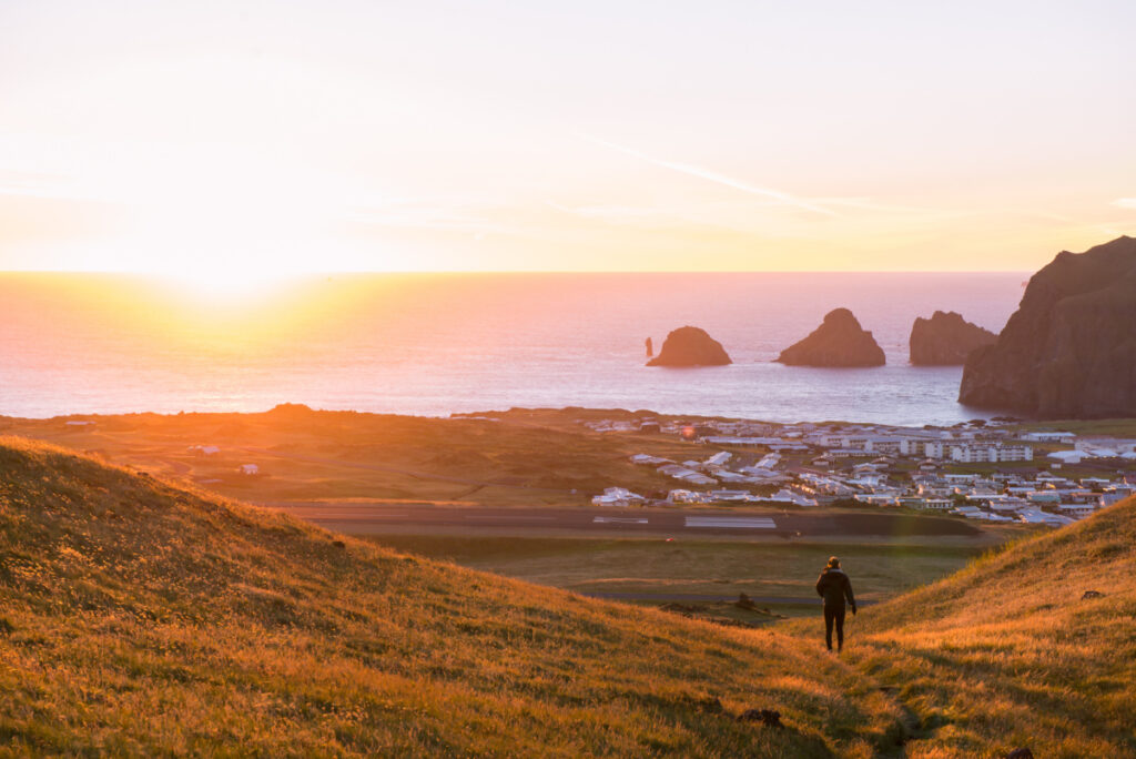 Sunset at the vestmannaeyjar island seen from the volcano, Iceland