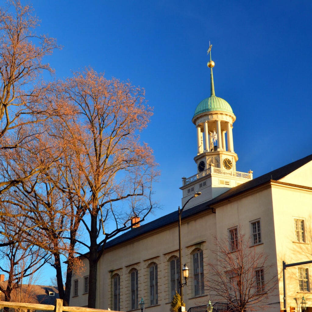 The large Central Moravian Church Sanctuary stands in the heart of Bethlehem, Pennsylvania, and is a reminder of the religious history of the city