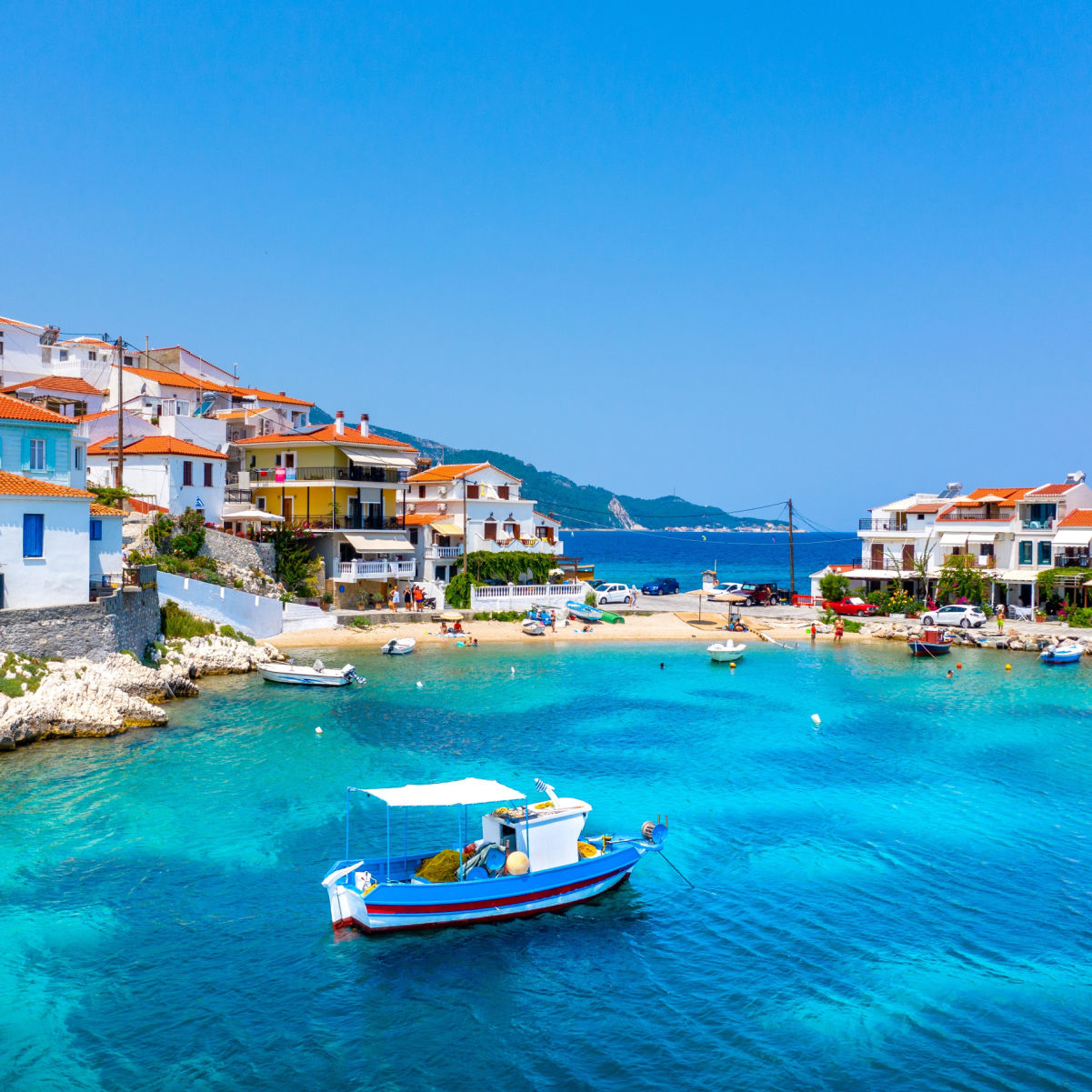 View of Kokkari fishing village with beautiful beach, Samos island, Greece