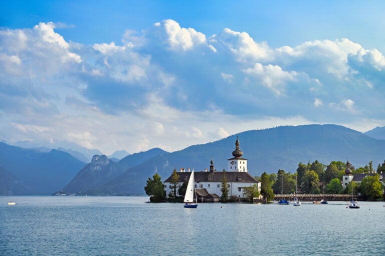 Water Castle Schloss Ort Orth on lake Traunsee in Gmunden landscape, Austria