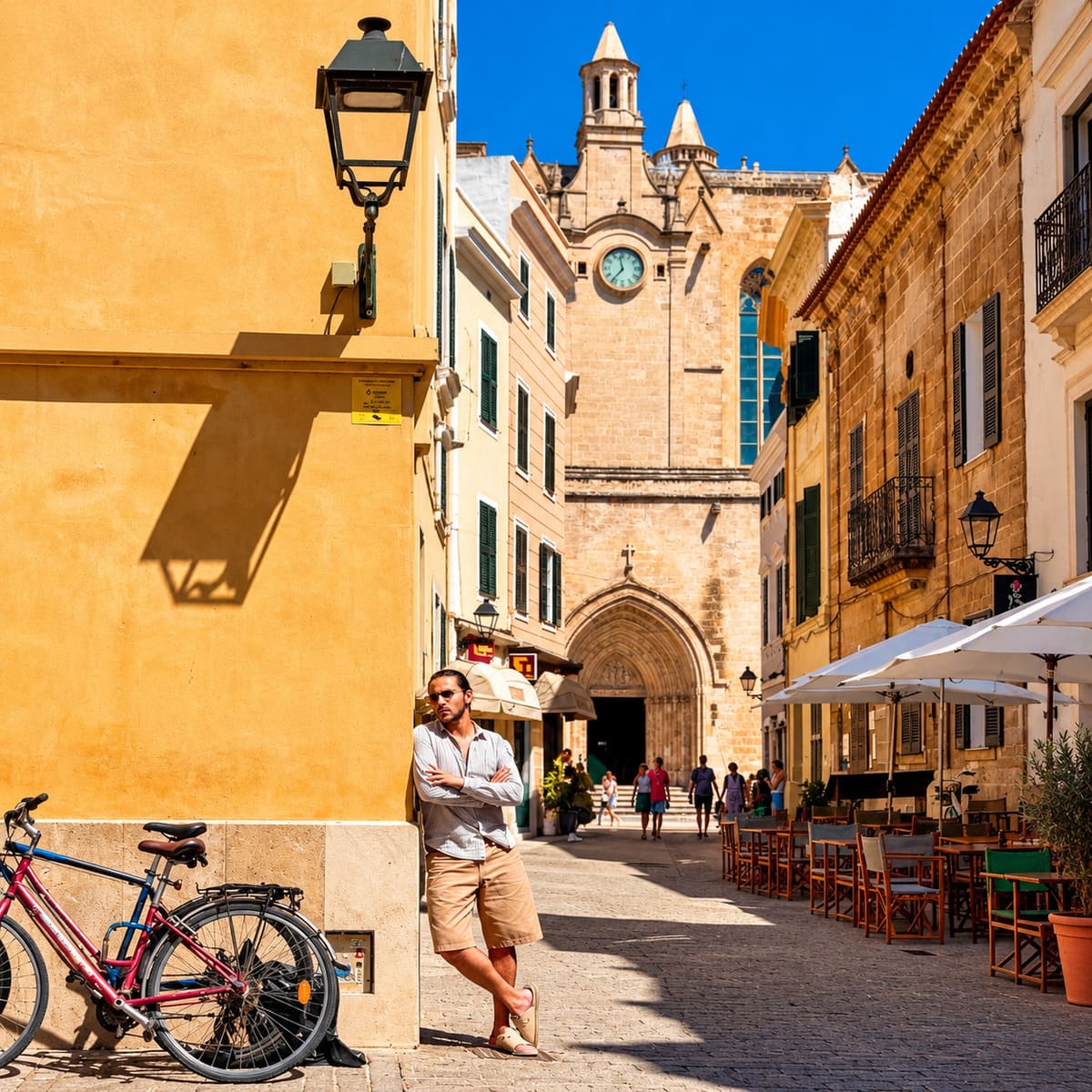 Young Male Tourist Posing In The Medieval Old Town Of Ciutadella de Menorca, Spain